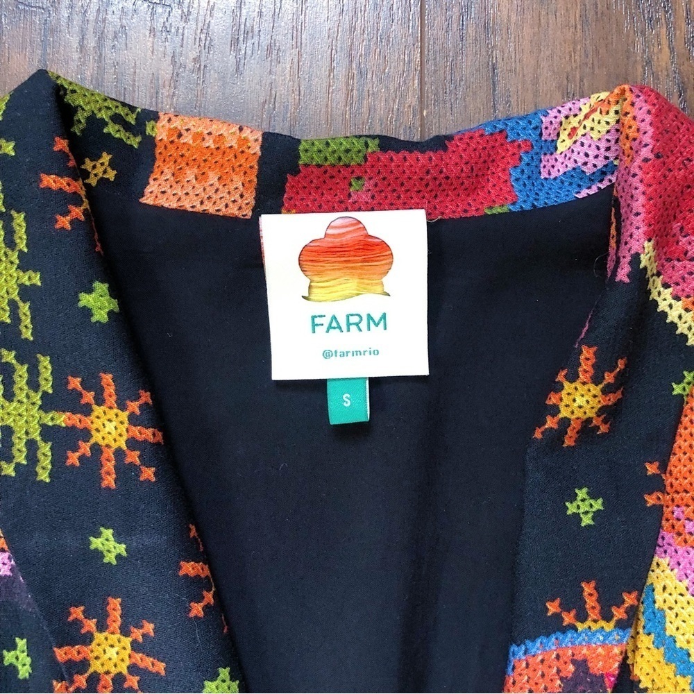 Farm Rio • Macaw Island Dress long sleeve maxi black cross stitch print - Picture 6 of 16